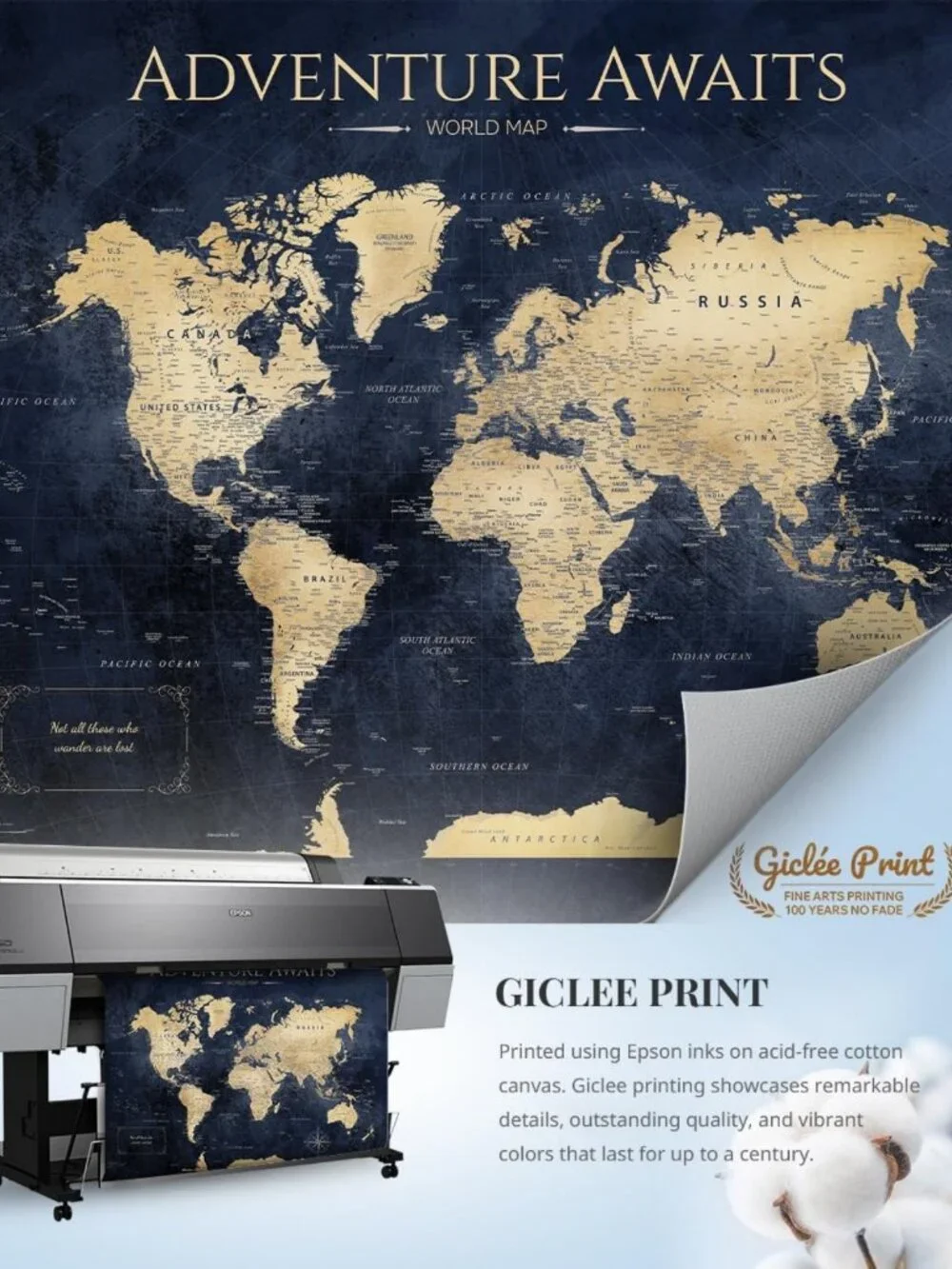 Vintage Teal World Map Canvas Art for Wall Decor, 30x24 in, Home Aesthetic